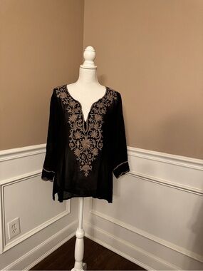 Ella Moss Black Tunic with Tan Embroidery
